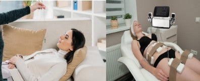 A woman undergoing a lipo laser treatment to target stubborn fat while also participating in a guided hypnosis session to support weight loss and healthy habits.