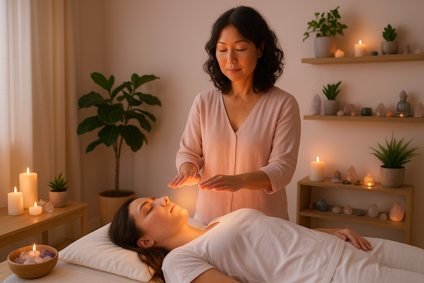 A Reiki practitioner gently holds her hands above a woman's chest during a healing session in a serene, candlelit room. The woman lies relaxed on a treatment table, surrounded by crystals, candles, and calming decor, creating a peaceful and focused atmosphere.