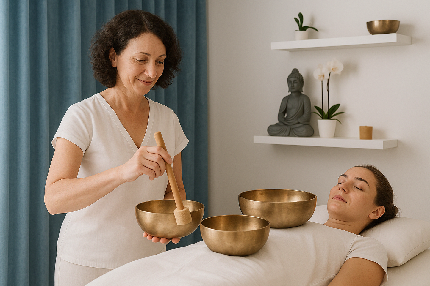 A sound healer gently strikes a Tibetan singing bowl during a sound bath session, as a woman lies peacefully on a treatment table with additional bowls placed on her body. The room is softly lit with natural light, creating a serene atmosphere with minimal, calming decor.