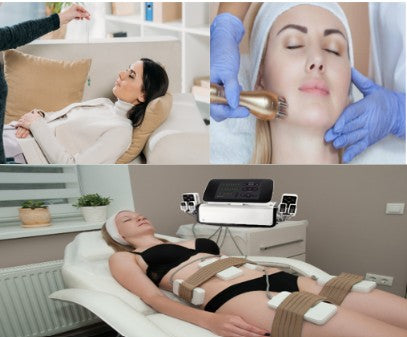 A relaxing wellness session featuring a woman receiving body contouring with lipo laser pads, facial rejuvenation with RF treatment, and guided hypnosis for weight loss support—all part of a holistic slimming and self-care package.